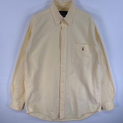 古着 90's/90年代 ラルフローレン RALPH LAUREN 長袖シャツ ワンポイント ロゴ 刺繍 ボタンダウンシャツ CLASSIC FIT M イエロー 無地 メンズ
