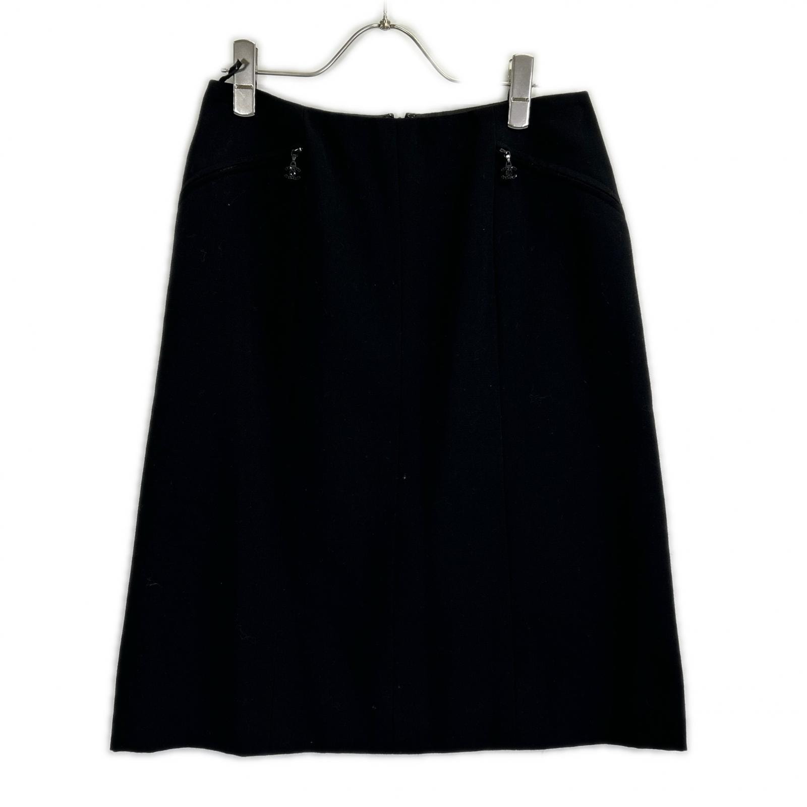 シャネル 02AW P19746 ブラック ウール ココマークファスナー ミディスカート 38