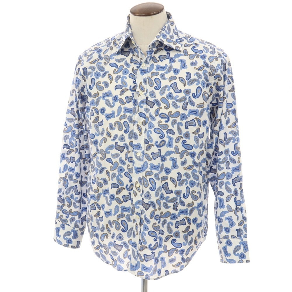 【中古】エトロ ETRO コットン ペイズリー プリント レギュラーカラー カジュアルシャツ ホワイトxブルー【サイズL】【メンズ】