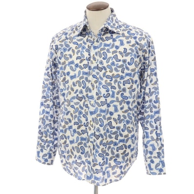 【中古】エトロ ETRO コットン ペイズリー プリント レギュラーカラー カジュアルシャツ ホワイトxブルー【サイズL】【メンズ】