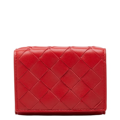 ボッテガヴェネタ イントレチャート 三つ折り財布 コンパクトウォレット レッド レザー レディース BOTTEGAVENETA 中古