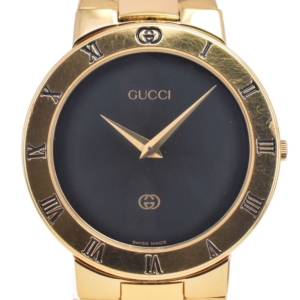 グッチ GUCCI 3300M GP ブラック クォーツ メンズ 良品 腕時計 E#146801