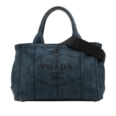 プラダ カナパ 三角ロゴプレート トートバッグ ショルダーバッグ 2WAY ブルー デニム レディース PRADA 【中古】