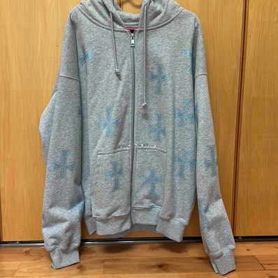 Unknown London Crosses Rhinestone Zip Hoodie "Grey"