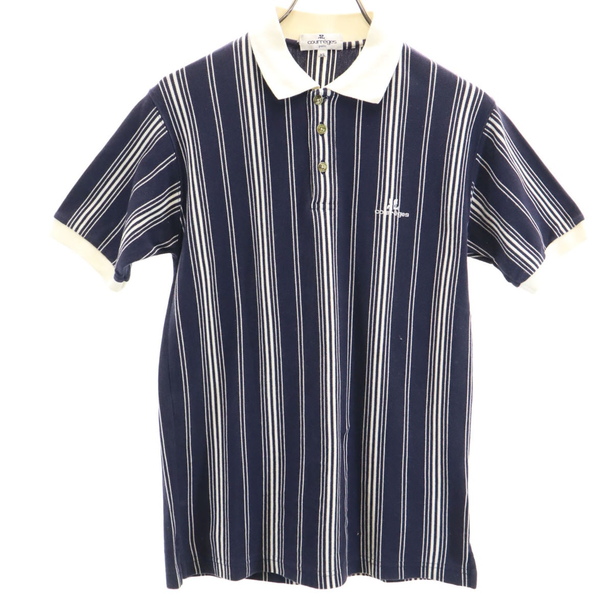 courreges クレージュ ストライプ柄 半袖 ポロシャツ XS ネイビー