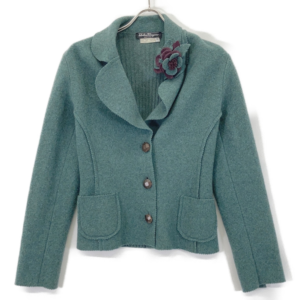 サルヴァトーレフェラガモ グリーン ウール フラワーモチーフ ニットカーディガン M