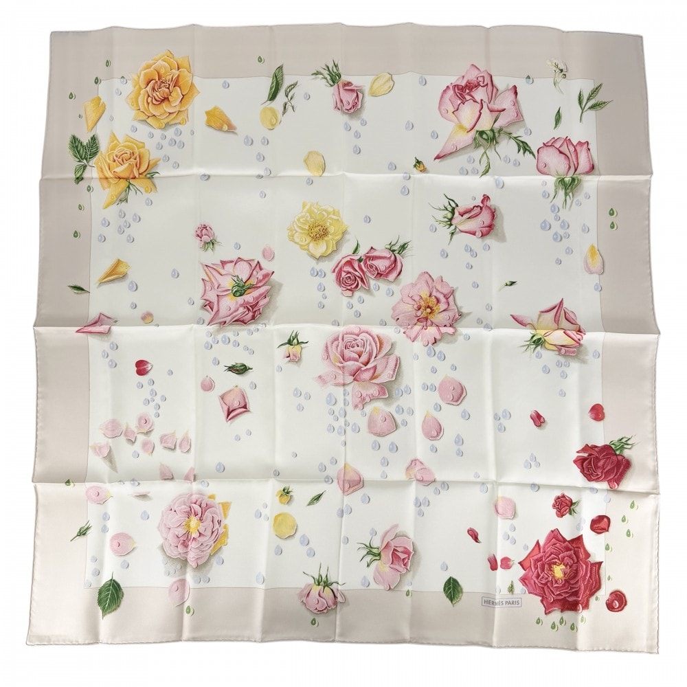 HERMES エルメス スカーフ カレ90 LA ROSEE 薔薇の雫 ファッションアイテム Carres シルク    アイボリー レッド 赤 レディース 美品【中古品】