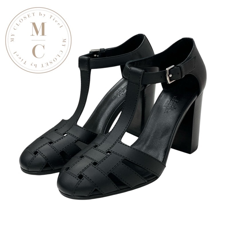 エルメス HERMES イデアリスタ サンダル 靴 シューズ レザー ブラック 黒 未使用 ストラップ モザイクモチーフ