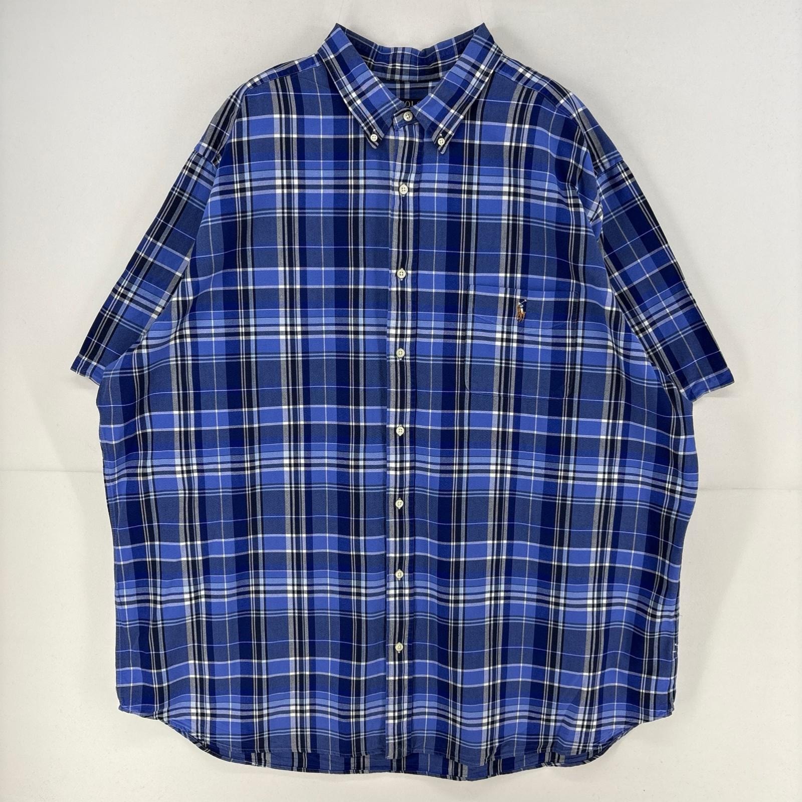 古着 ポロ・ラルフローレン POLO RALPH LAUREN 半袖シャツ ワンポイント ロゴ 胸ポケット 大きいサイズ 3XL ブルー系 チェック メンズ