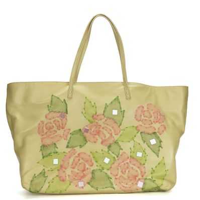 【中古】 フェンディ トートバッグ ロールバッグ レザー ベージュ ピンク グリーン シルバー金具 肩掛け 花柄 A4対応 レディース 女性 FENDI