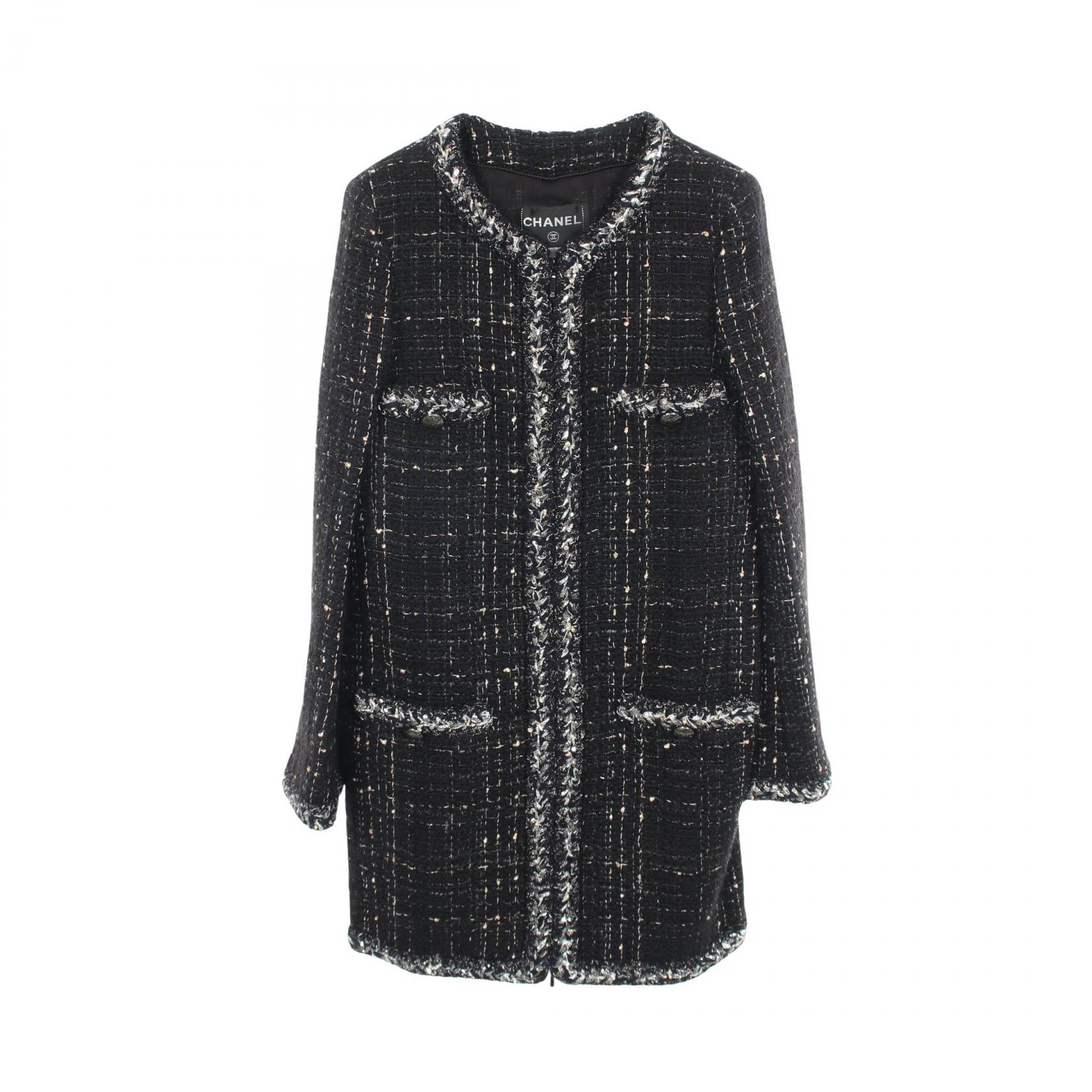 シャネル CHANEL ココマークボタン ツイード ノーカラー 衣料品 アウター ウール モヘヤ レディース ネイビー系 / ブラック系 P50335V37317 【中古】