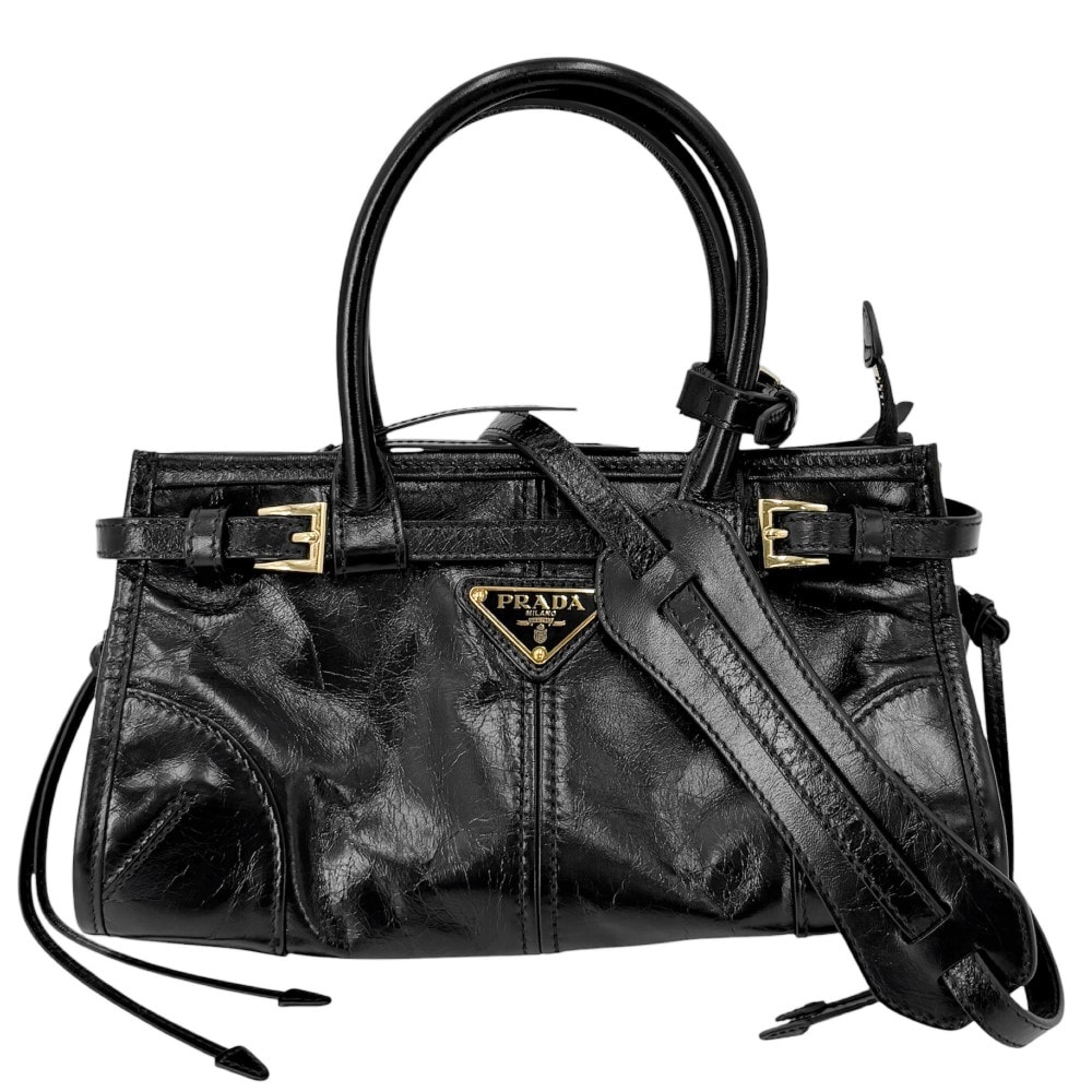 PRADA プラダ 2WAY ボニー ミニ 斜め掛け ハンドバッグ ショルダーバッグ トライアングルロゴ 1BA486 レザー    ブラック 黒 ゴールド金具 レディース 美品【中古品】