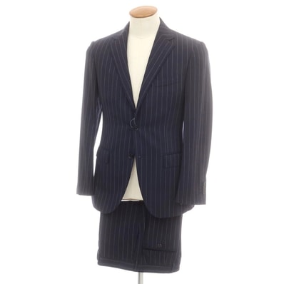 【中古】ビームスエフ BEAMS F サマーウール ストライプ 3つボタンスーツ ネイビー【サイズ93】【メンズ】