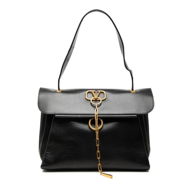 ヴァレンティノ Vリング チェーン ワンショルダーバッグ ハンドバッグ ブラック レザー レディース VALENTINO 中古