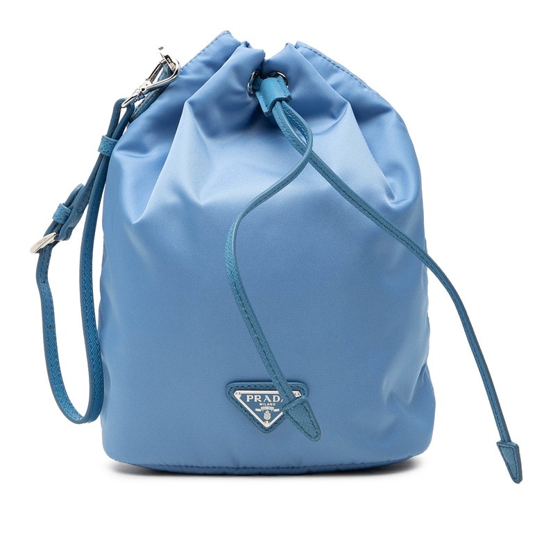 プラダ テスート 三角ロゴプレート ポーチ 巾着 ハンドバッグ ブルー ナイロン レザー レディース PRADA 中古