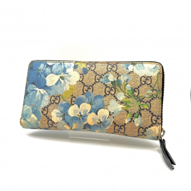 GUCCI(グッチ)GGブルームス GGスプリーム フローラル ラウンドファスナー長財布 ベージュ ブルー PVC レザー レディース 【中古】