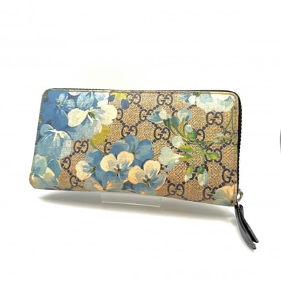 GUCCI(グッチ)GGブルームス GGスプリーム フローラル ラウンドファスナー長財布 ベージュ ブルー PVC レザー レディース 【中古】