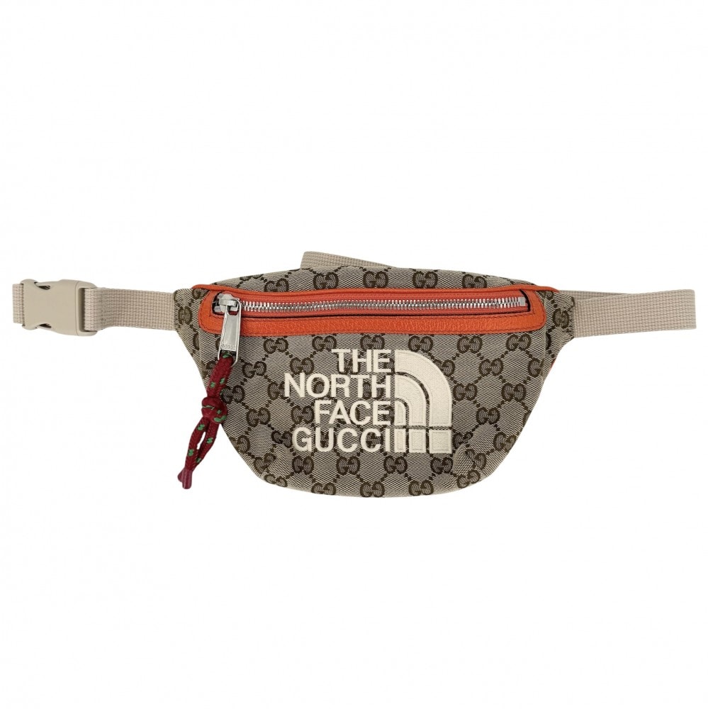 GUCCI グッチ ウエストバッグ ノースフェイスコラボ ボディバッグ 肩掛け 斜め掛け THE NORTH FACE かばん 鞄 650299 GGキャンバス  レザー   ベージュ オレンジ シルバー金具 メンズ【中古品】