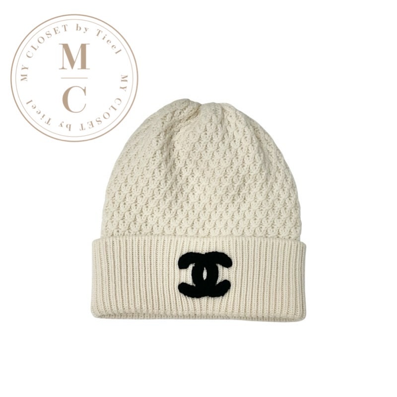 シャネル CHANEL キャップ 帽子 カシミヤ ホワイト ブラック 白 ココマーク ニット帽 ビーニー