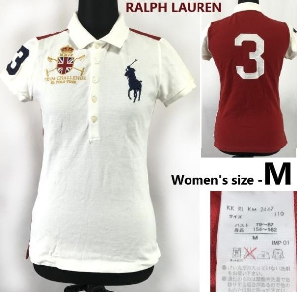 日本正規代理店タグ★RALPH LAUREN/ラルフローレン★ビッグポニー刺繍/半袖ポロシャツ【レディースM/白×赤】インパクト21/Tops◆cBH955