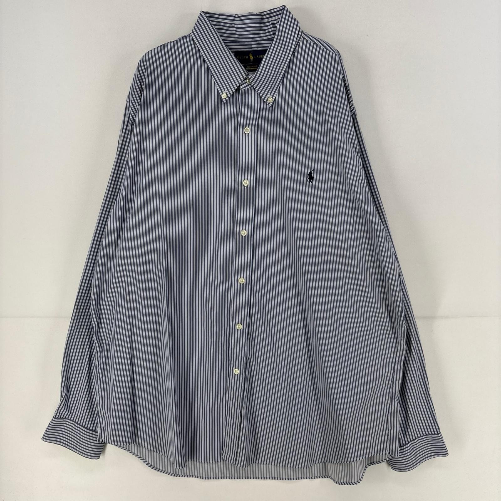 古着 ラルフローレン RALPH LAUREN 長袖シャツ ワンポイント ロゴ ストレッチ 大きいサイズ 2XL  ブルー系 ストライプ メンズ