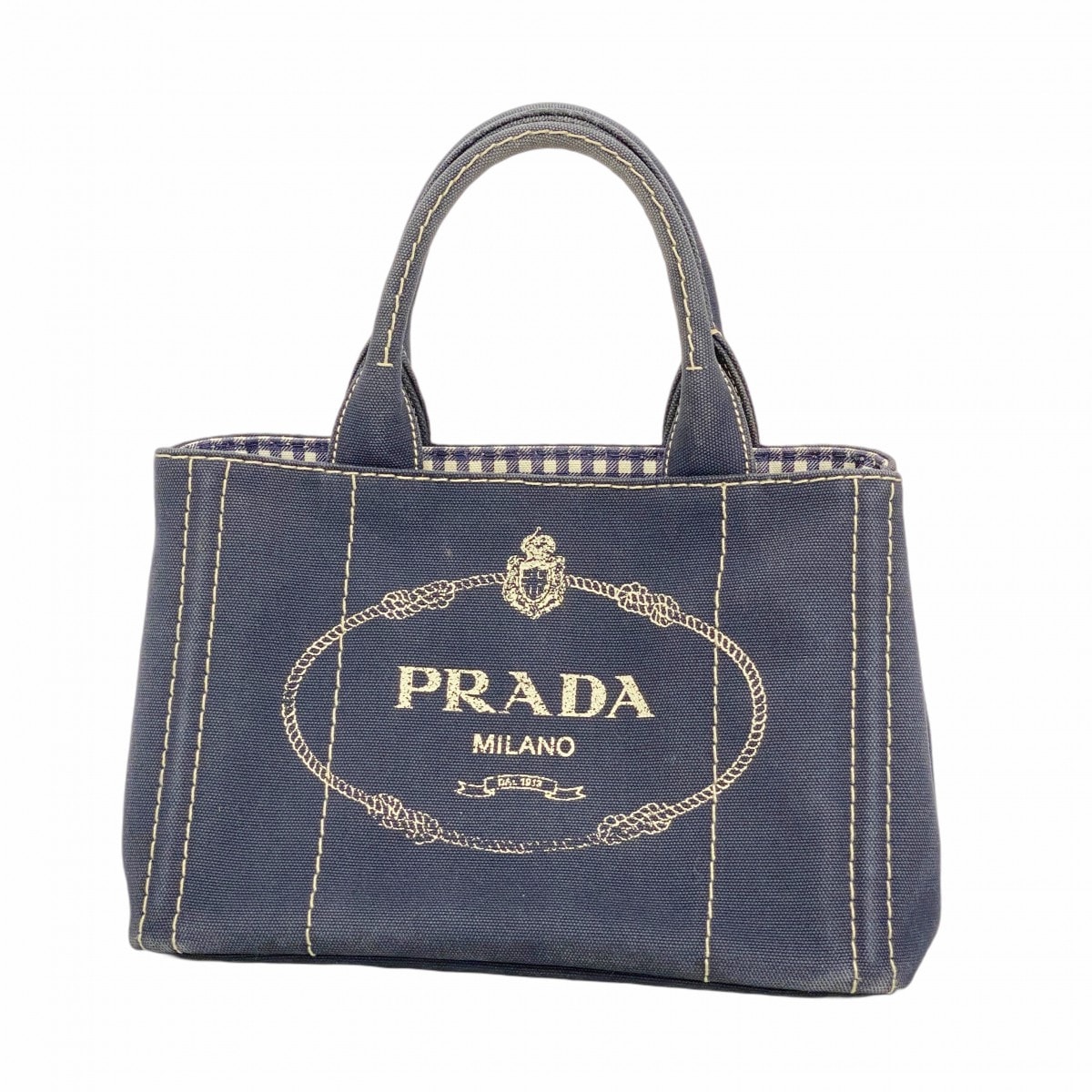 【6dd5470-k】プラダ トートバッグ カナパ キャンバス ネイビー ゴールド金具【中古】レディース