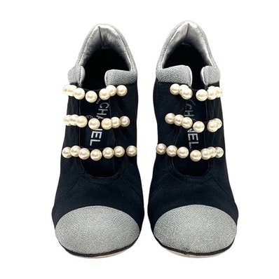 シャネル ブーツ ショートブーツ サテン ブラック