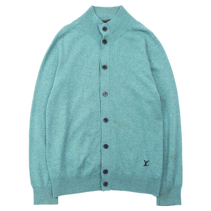 【美品】LOUIS VUITTON ルイ・ヴィトン カーディガン ニット カシミヤ100% メンズ サイズ S ジャケット ハイネック LV ロゴ エンブロイダリー 刺繍 メランジ ハイゲージ トップス ターコイズ イタリア製