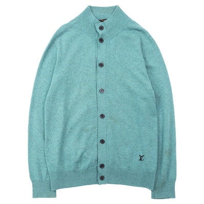 【美品】LOUIS VUITTON ルイ・ヴィトン カーディガン ニット カシミヤ100% メンズ サイズ S ジャケット ハイネック LV ロゴ エンブロイダリー 刺繍 メランジ ハイゲージ トップス ターコイズ イタリア製