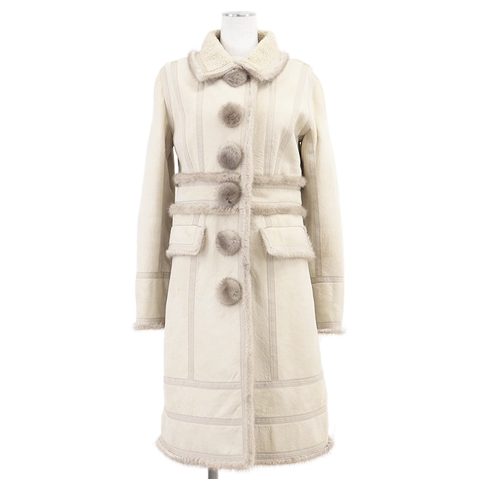 ルイ・ヴィトン ラムスキン ヌバックレザー ボアライニング ミンクファー コート レディース アイボリー 36 LOUIS VUITTON