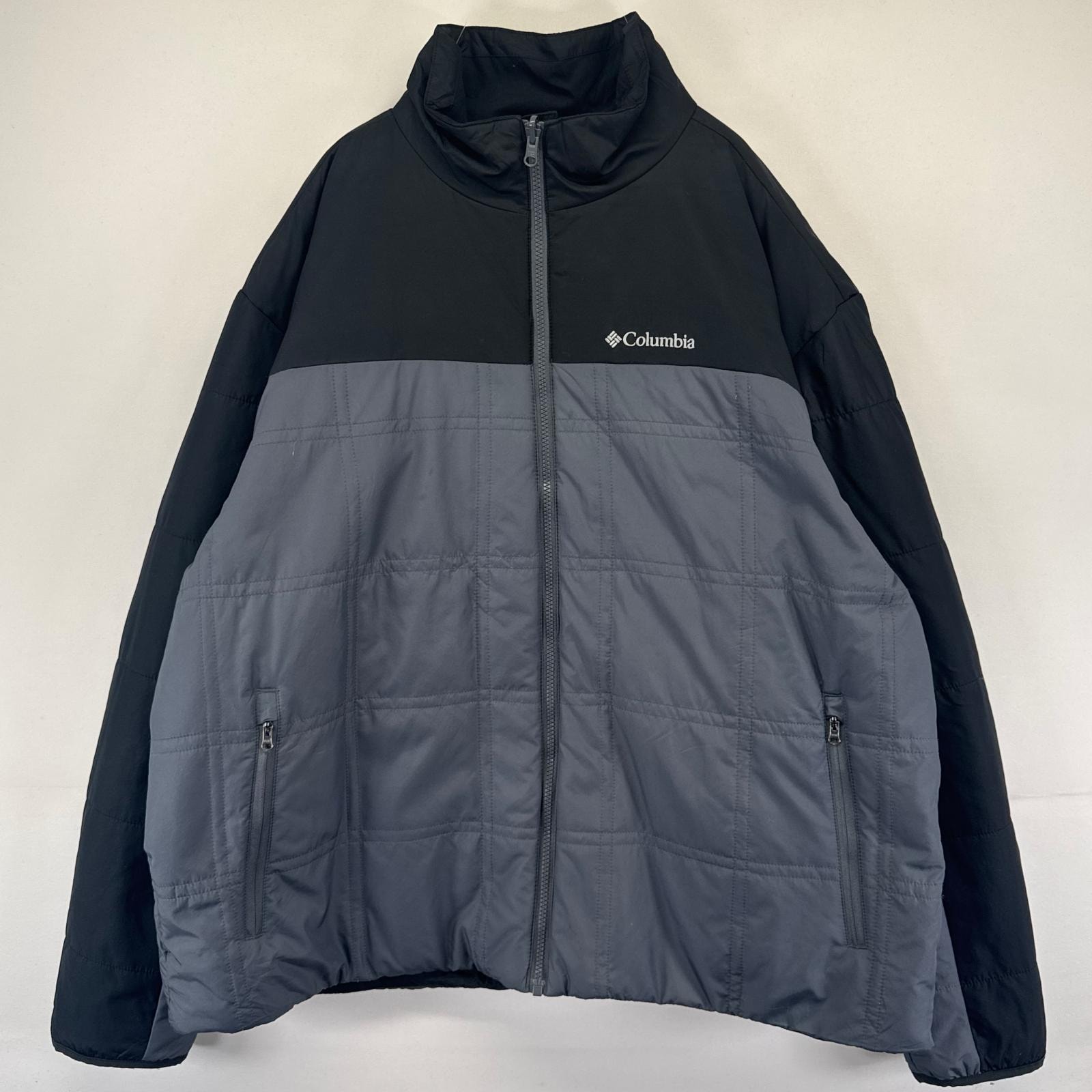 古着 コロンビア Columbia ジャケット フルジップ ワンポイント刺繍ロゴ 中綿 ツートンカラー大きいサイズ 2XL ブラック系 メンズ
