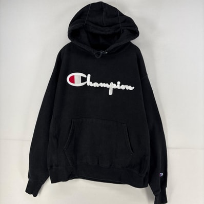 古着 チャンピオン Champion パーカー プルオーバー ロゴ リバースウィーブ スウェット ビッグロゴ L ブラック 無地 メンズ