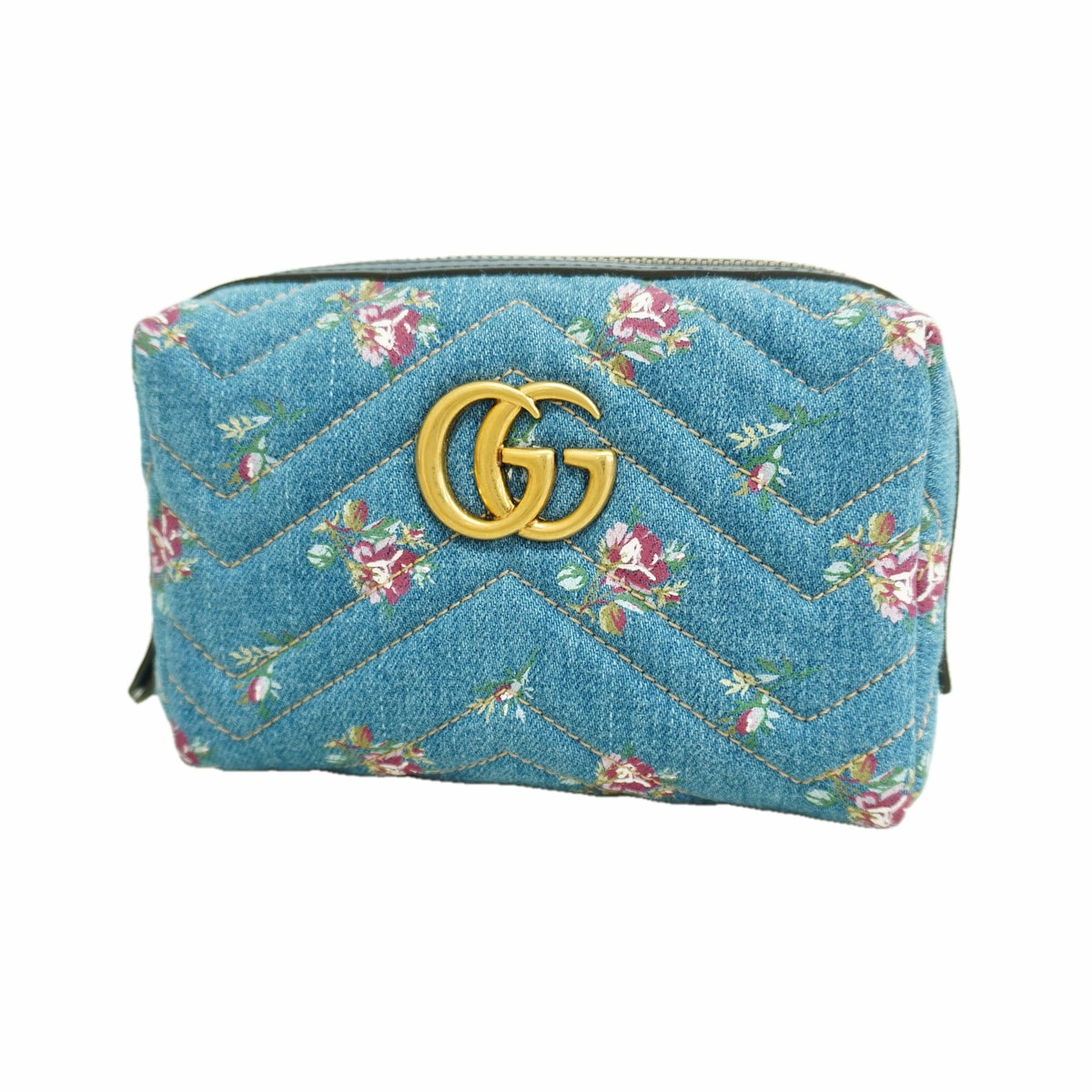 【6ia0655-k】グッチ ポーチ GGマーモント エンブロイダリー 476165 デニム ネイビー ゴールド金具【中古】レディース