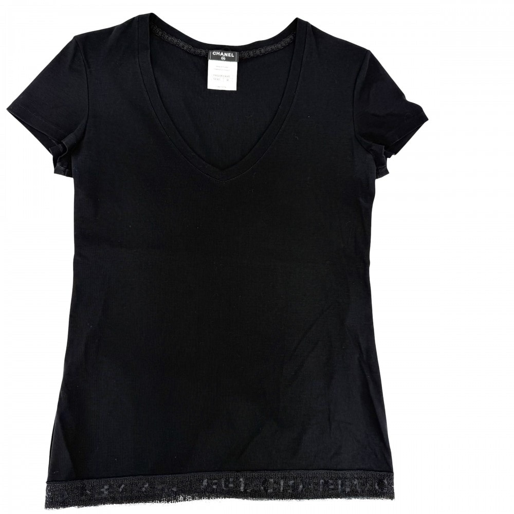 CHANEL シャネル 半袖Tシャツ Vネック レース アパレル 服 トップス ロゴ 36 ブラック 黒 コットン  ポリエステル   レディース 夏【中古品】