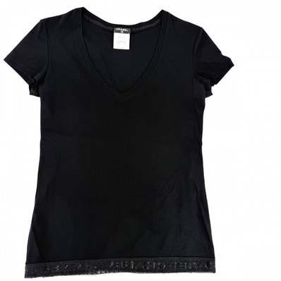 CHANEL シャネル 半袖Tシャツ Vネック レース アパレル 服 トップス ロゴ 36 ブラック 黒 コットン ポリエステル レディース 夏【中古品】