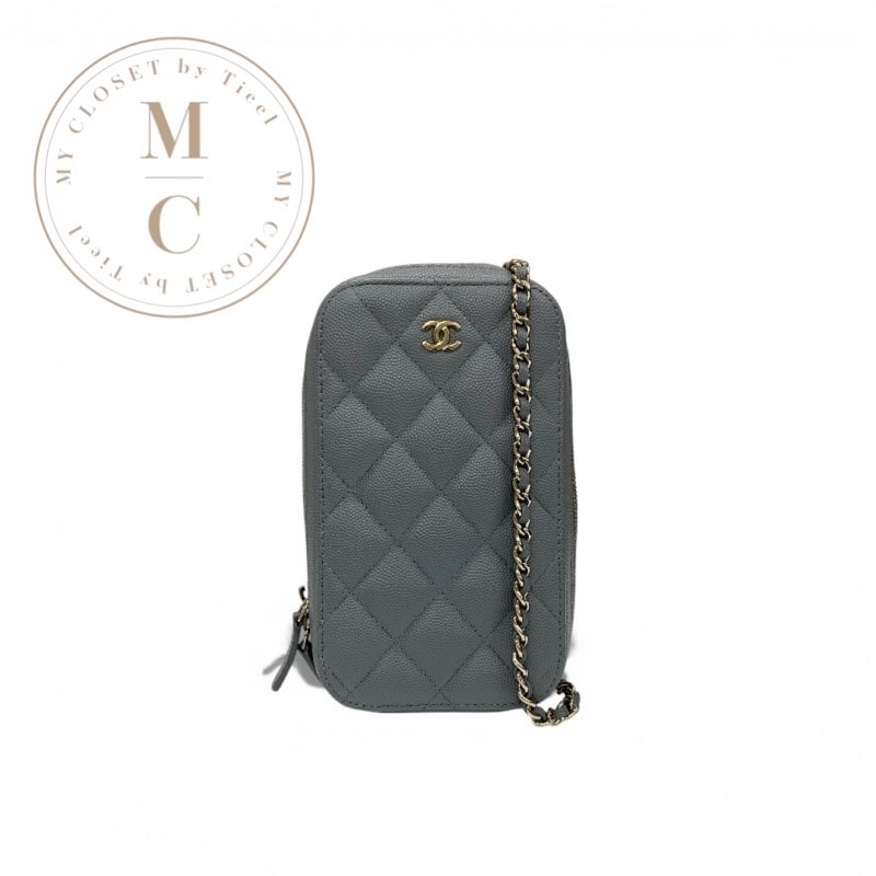 シャネル CHANEL バッグ ショルダーバッグ グレー ゴールド ココマーク マトラッセ フォンケース モバイルポーチ チェーンショルダー