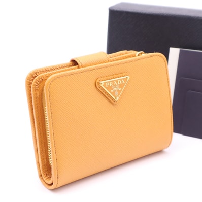 極美品 PRADA プラダ サフィアーノ トライアングル 財布 1ML018 二つ折り財布 オレンジ サフィアーノ レディース
