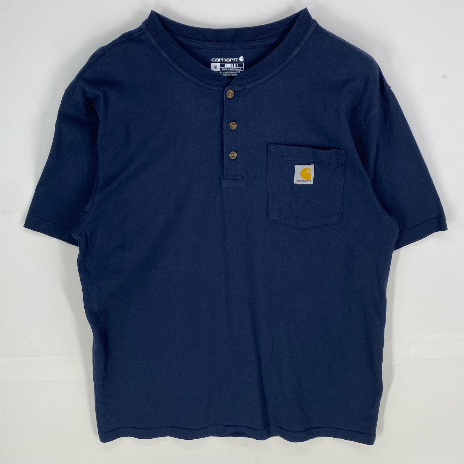 古着 カーハート Carhartt 半袖Tシャツ ハーフボタン ポケット ワンポイントロゴ ヘンリーネック M ネイビー系 メンズ