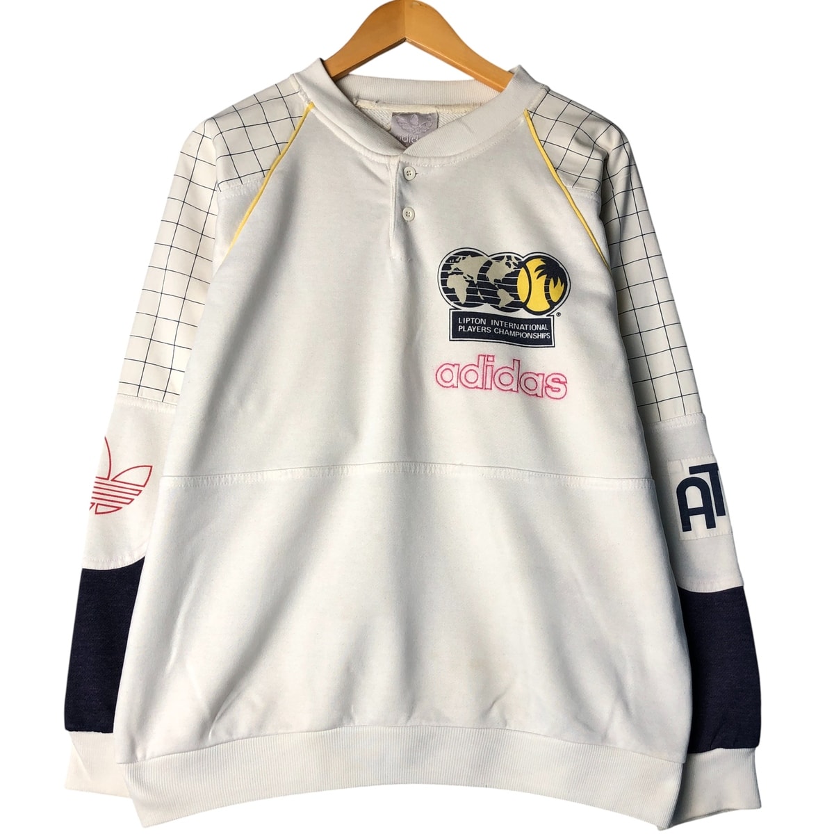 古着 80年代 アディダス adidas チェック柄 ヘンリーネック プリントスウェットシャツ トレーナー メンズL相当/eaa602553