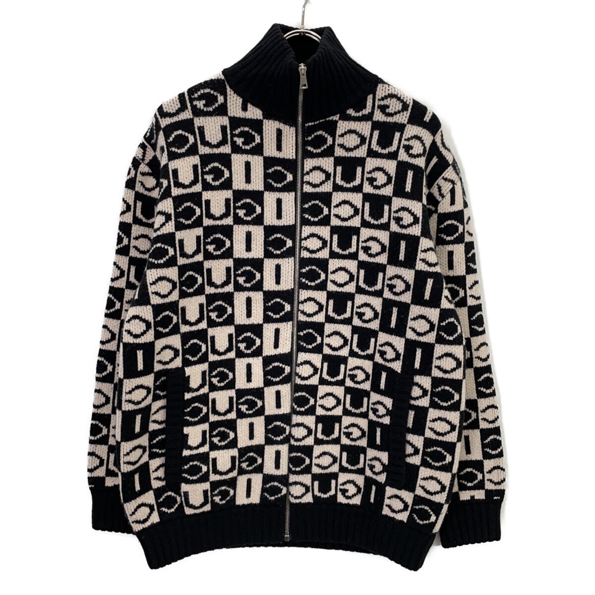 グッチ 595481 ブラック×ホワイト ロゴジャガード ジップアップ ニット ジャケット XS
