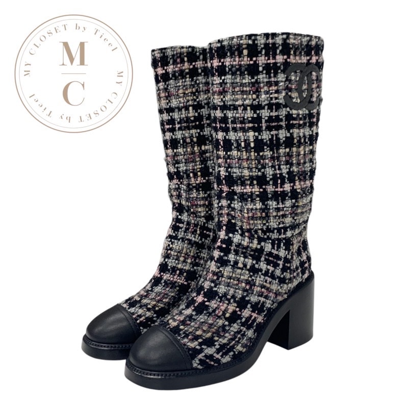 シャネル CHANEL ブーツ ロングブーツ 靴 シューズ ツイード レザー ブラック マルチカラー 黒 ココマーク