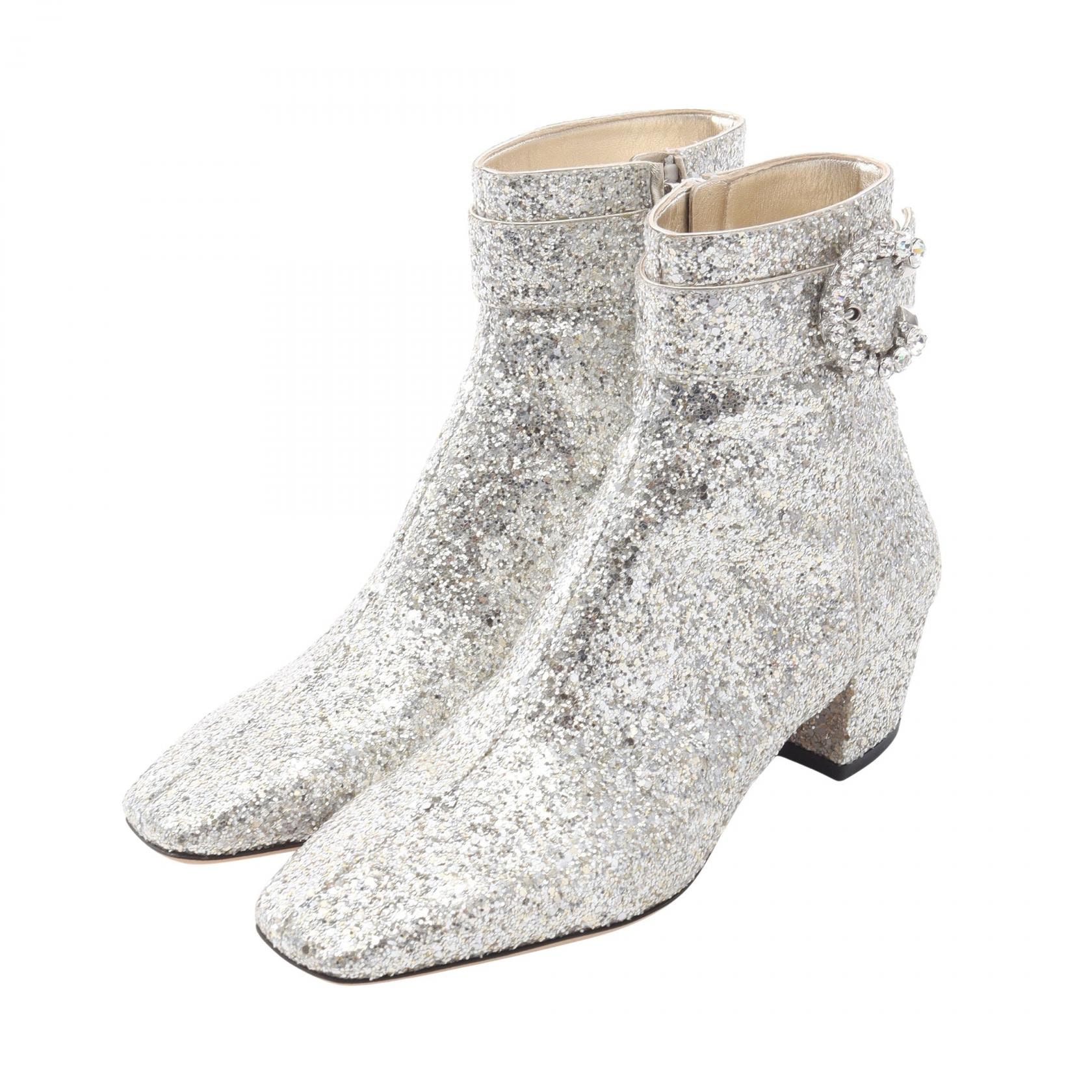 ジミーチュウ JIMMY CHOO MYAN 45 ビジュー アンクル ブーツ 靴 グリッター レディース シルバー系 【中古】