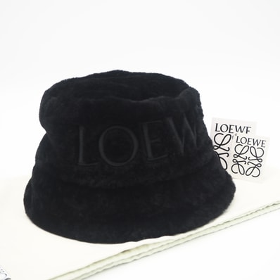 極美品 LOEWE ロエベ シアリング エンブロイダリーロゴ バケットハット M K820HB1X70 ハット ブラック コットン ファー レディース