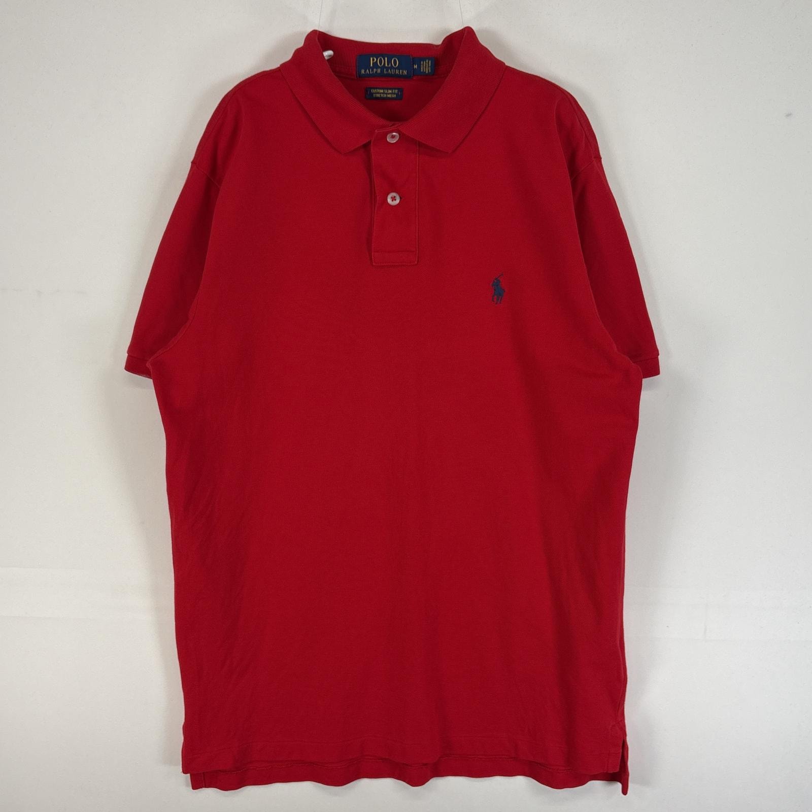 古着 ポロ・ラルフローレン POLO RALPH LAUREN 鹿の子 半袖 ポロシャツ ロゴ 刺繍 2ボタン M  レッド 無地 メンズ