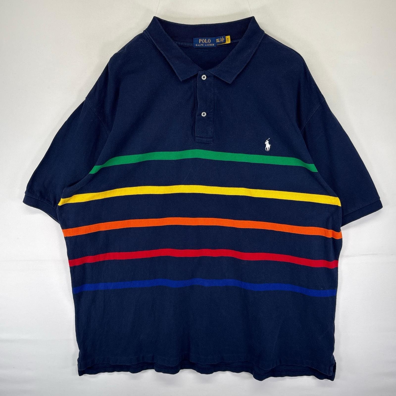 古着 ポロ・ラルフローレン POLO RALPH LAUREN 鹿の子 半袖シャツ ポロシャツ ボーダー ワンポイントロゴ 3XLT  ネイビー系 メンズ