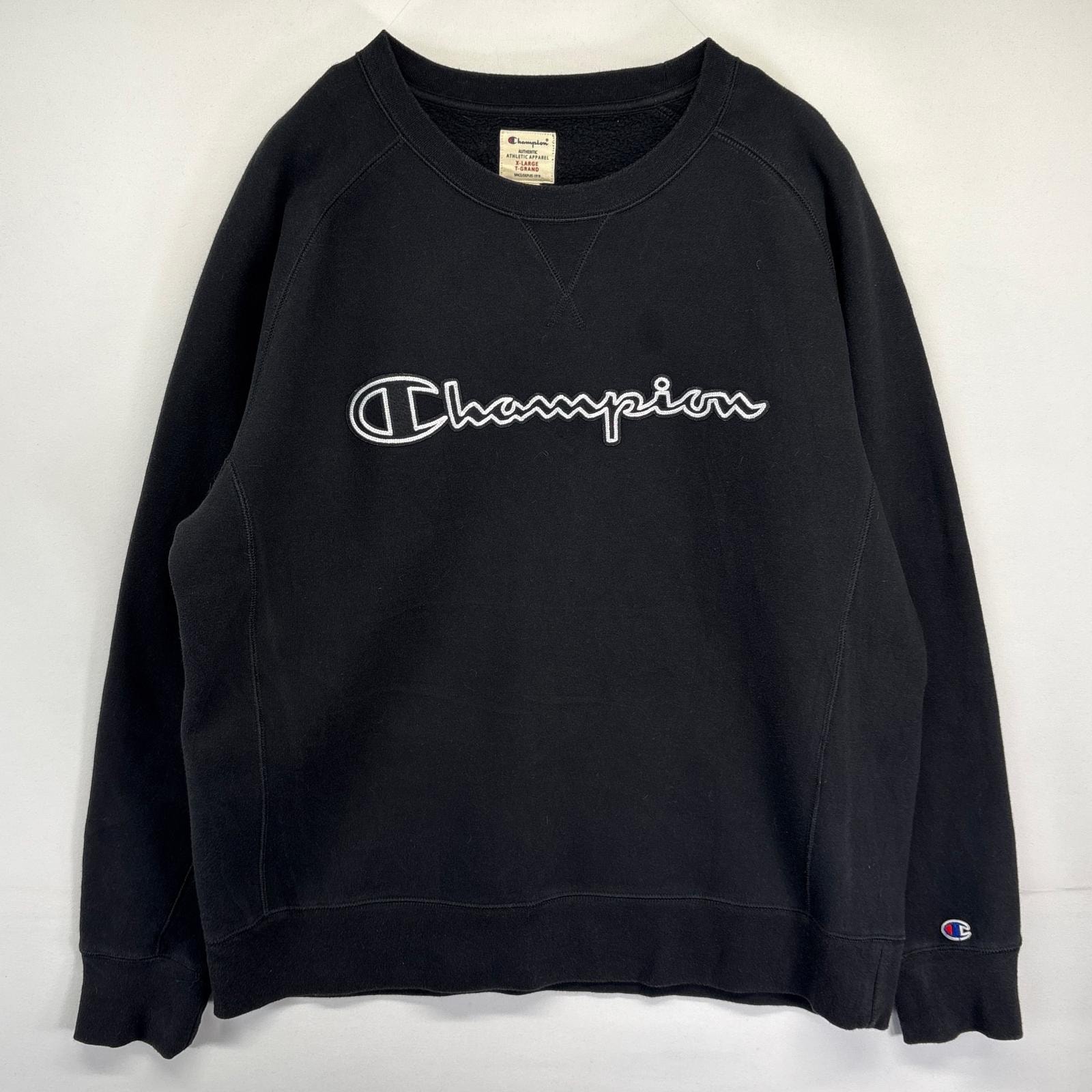 古着 チャンピオン Champion スウェット トレーナー ビッグロゴ刺繍 クルーネック 前V 大きいサイズ XL  ブラック メンズ