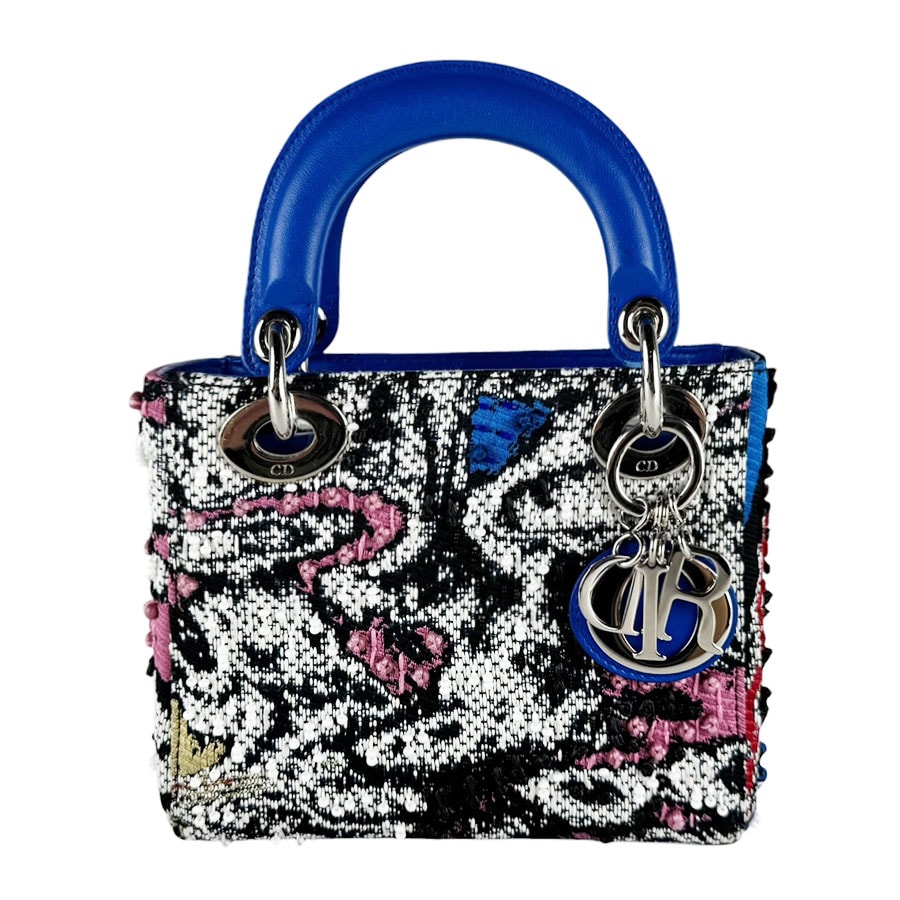 クリスチャンディオール Christian Dior ハンドバッグ ショルダーバッグ レディ ディオール ツイード/レザー/ビーズ ブルー/マルチカラー レディース【中古】 z10546