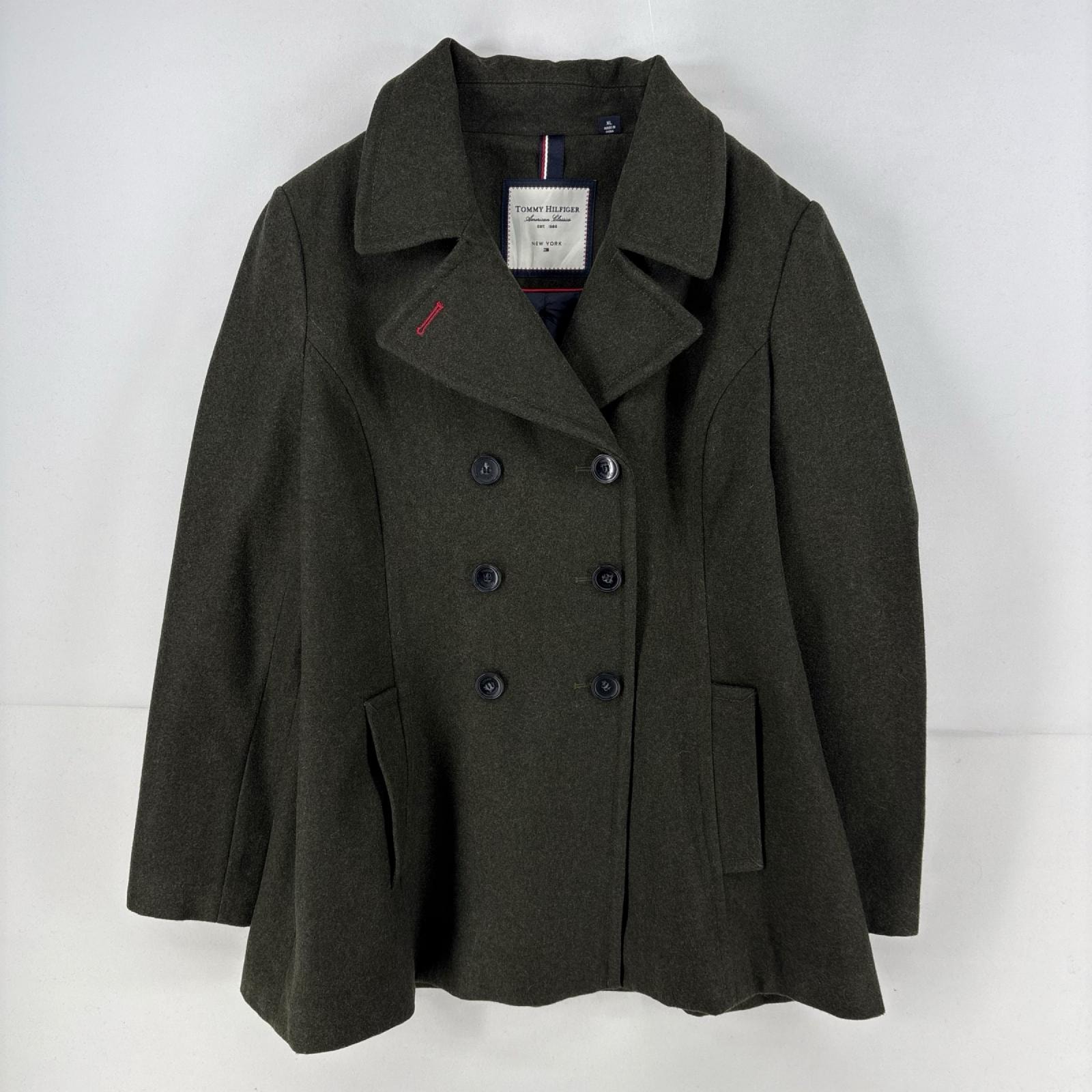 古着 トミーヒルフィガー TOMMY HILFIGER ジャケット ロング丈 コート ウール Pコート 大きいサイズ XL グリーン系 レディース