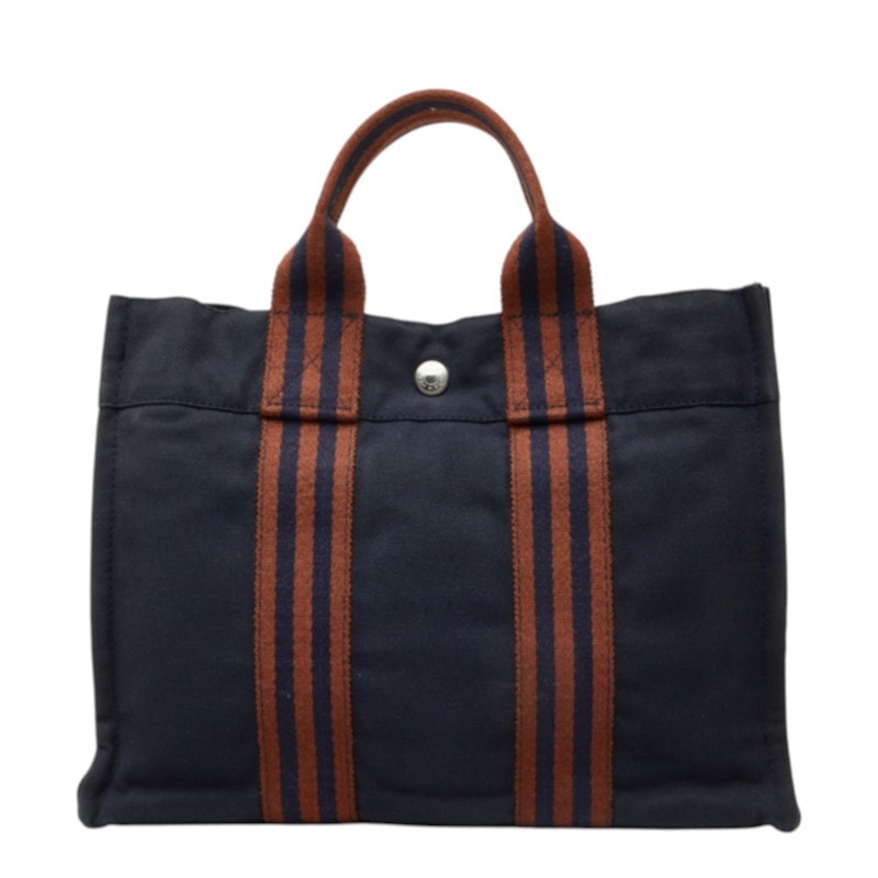 エルメス フールトゥ PM トートバッグ ハンドバッグ ネイビー ブラウン シルバー コットン レディース HERMES 中古