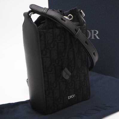 美品 Dior ディオール オブリーク ジャカード ミニバケット ショルダーバッグ 2LECA594YKY_H27E ショルダーバッグ ブラック キャンバス レザー メンズ